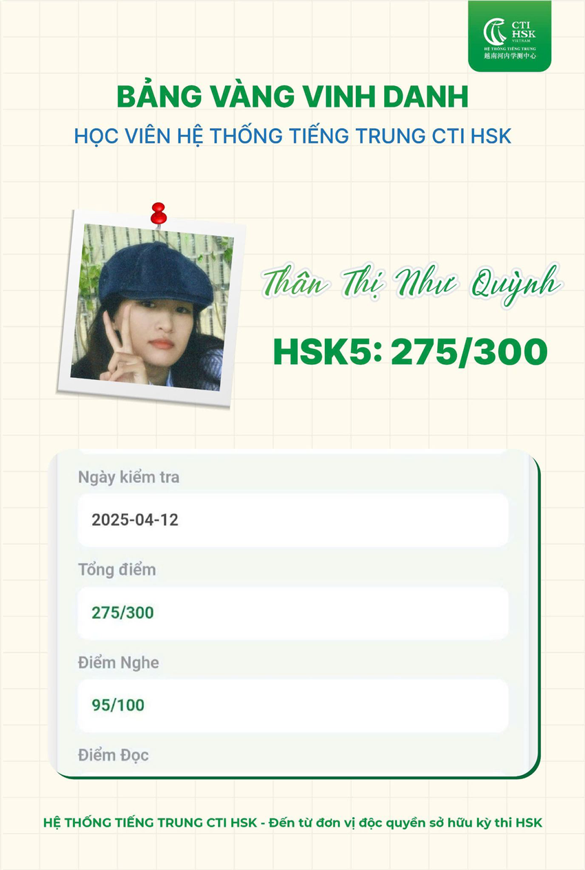 Học viên Thân Thị Như Quỳnh đỗ chứng chỉ HSK5 với số điểm 275/300