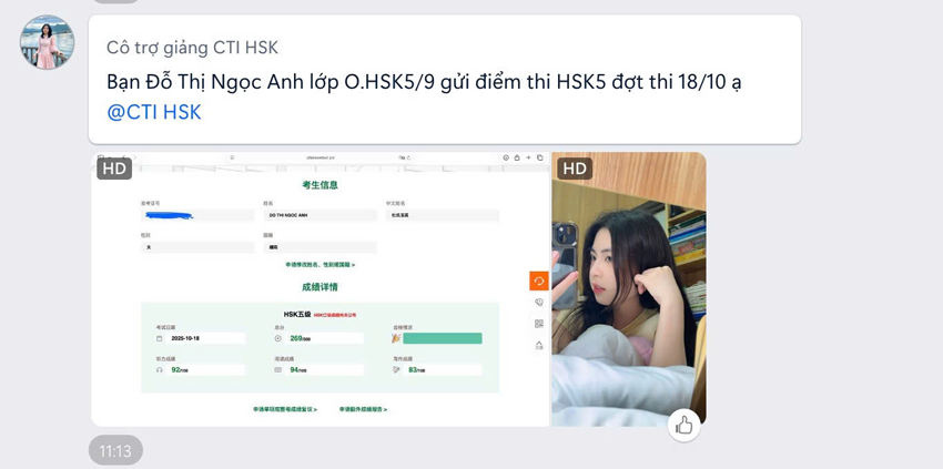 Học viên Đỗ Thị Ngọc Anh đỗ chứng chỉ HSK5 với số điểm 269/300