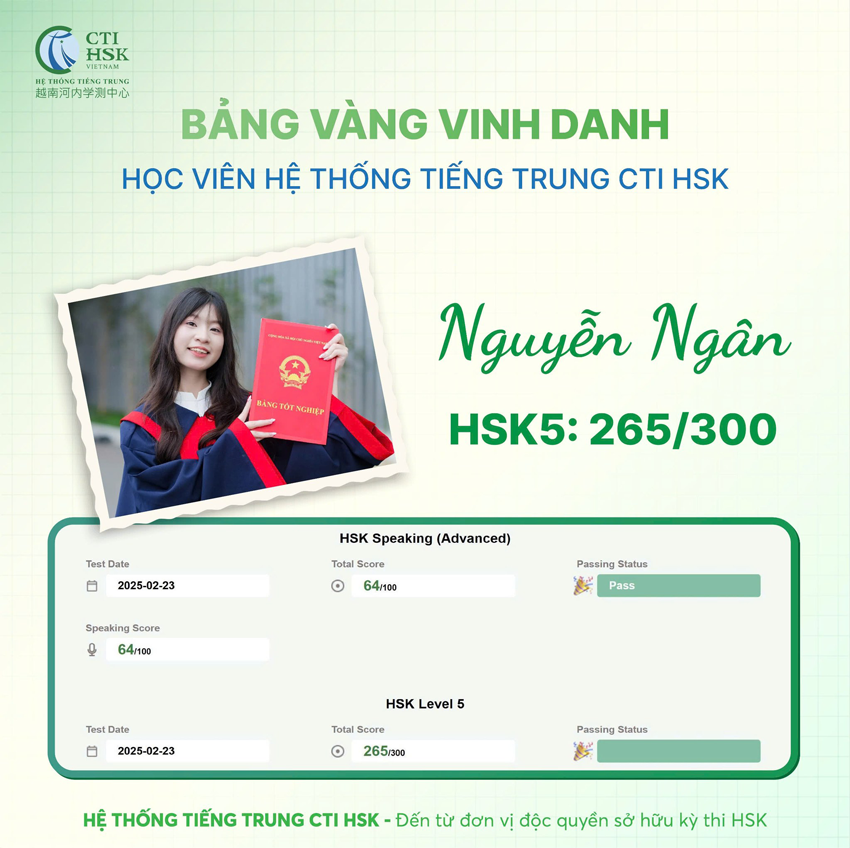 Học viên Nguyễn Ngân đỗ chứng chỉ HSK5 với số điểm 265/300