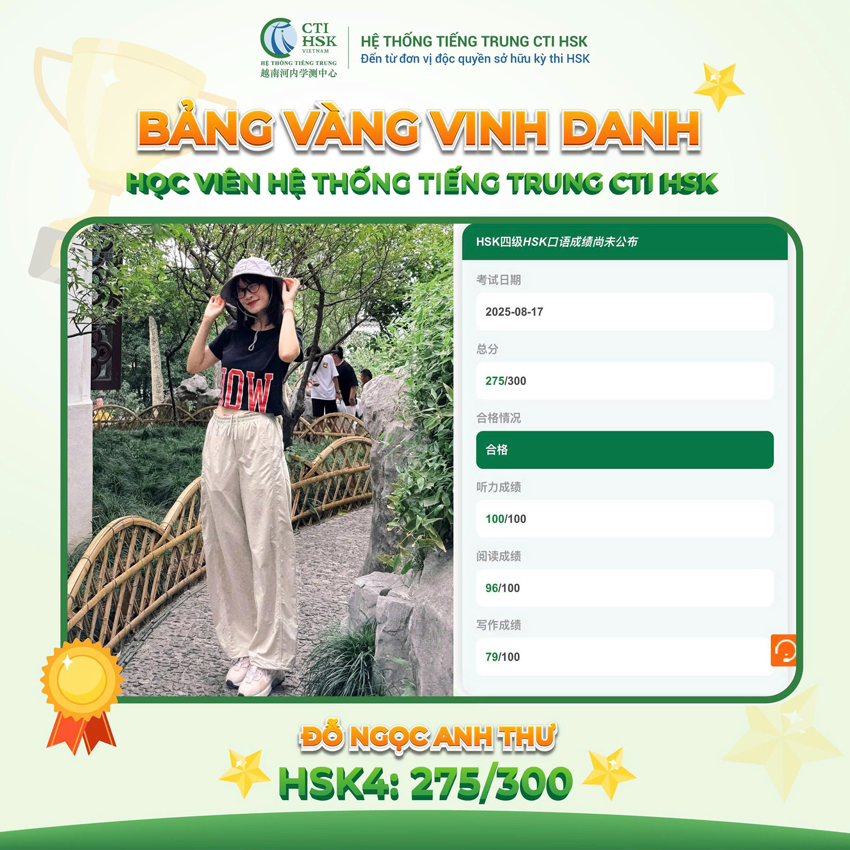 Học viên Đỗ Ngọc Anh Thư đỗ chứng chỉ HSK4 với số điểm 275/300