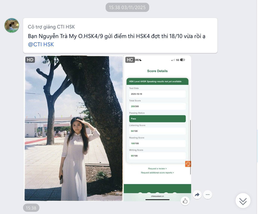 Học viên Nguyễn Trà My lớp HSK4 Online đỗ chứng chỉ HSK4 với số điểm 289/300