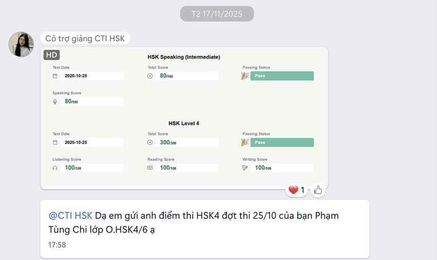Học viên Phạm Tùng Chi lớp HSK4 Online đỗ chứng HSK4 với số điểm tuyệt đối 300/300