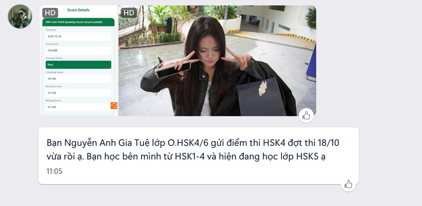 Học viên Nguyễn Anh Gia Tuệ lớp HSK4 Online đỗ chứng chỉ HSK4 với số điểm 278/300