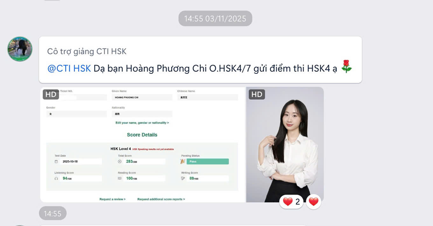 Học viên Hoàng Phương Chi lớp HSK4 Online đỗ chứng chỉ HSK4 với số điểm 283/300