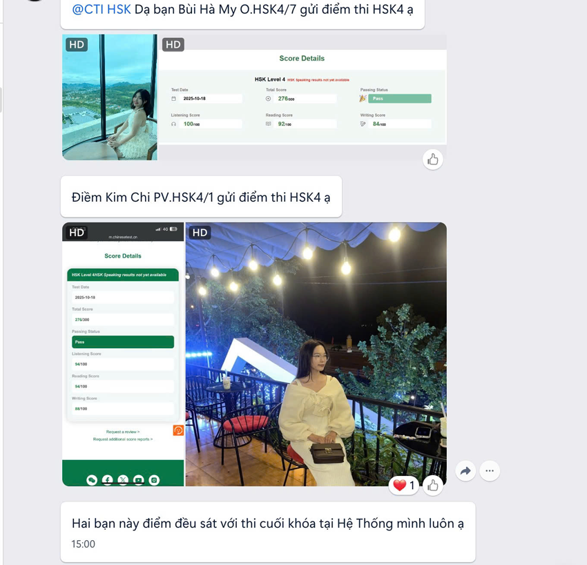 Học viên Bùi Hà My lớp HSK4 Online và học viên Điềm Kim Chi lớp HSK4 cơ sở Phố Vọng đỗ chứng chỉ HSK4 với số điểm 276/300