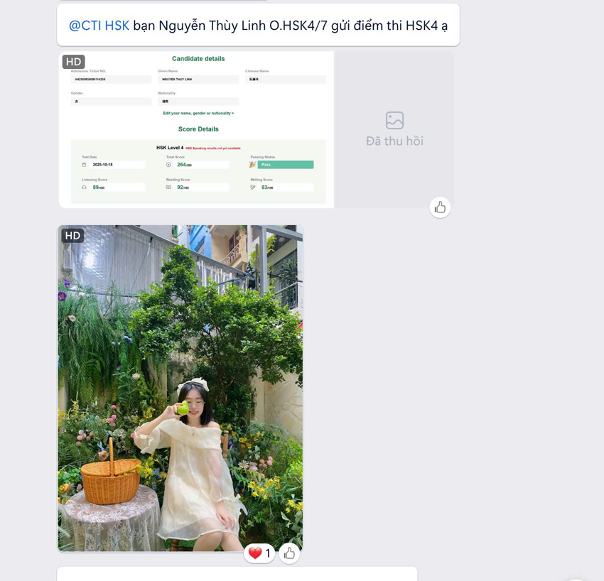 Học viên Nguyễn Thùy Linh lớp HSK4 Online đỗ chứng chỉ HSK4 với số điểm 264/300