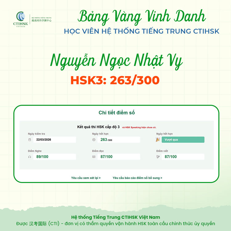  Bạn Nguyễn Ngọc Nhật Vy – HSK3 – 263/300 điểm