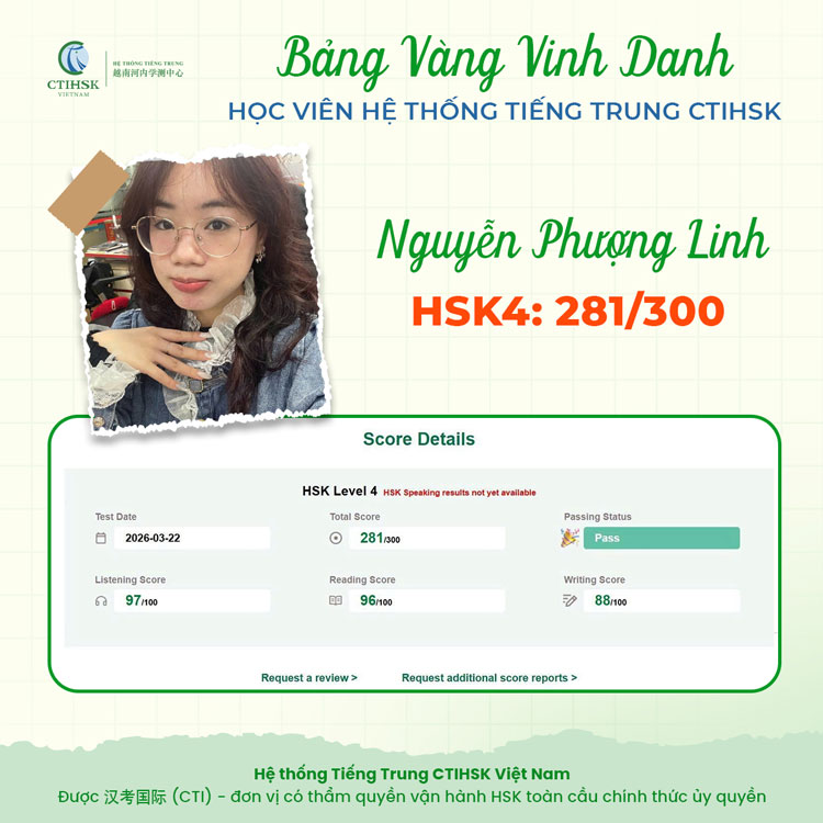  Bạn Nguyễn Phượng Linh – HSK4 – 281/300 điểm