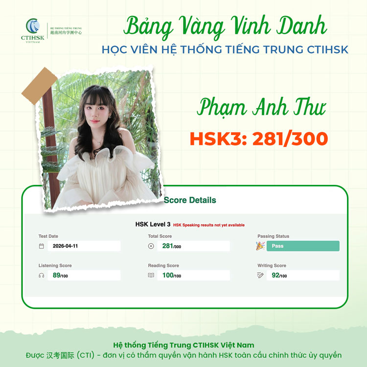  Bạn Phạm Anh Thư đạt HSK3 với 281/300 điểm