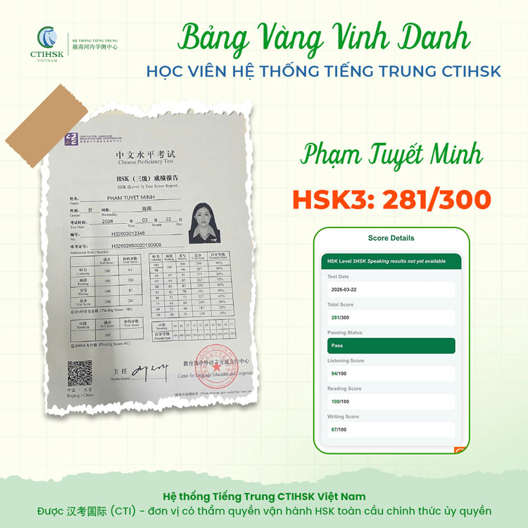  Bạn Phạm Tuyết Minh đạt HSK3 với 281/300 điểm